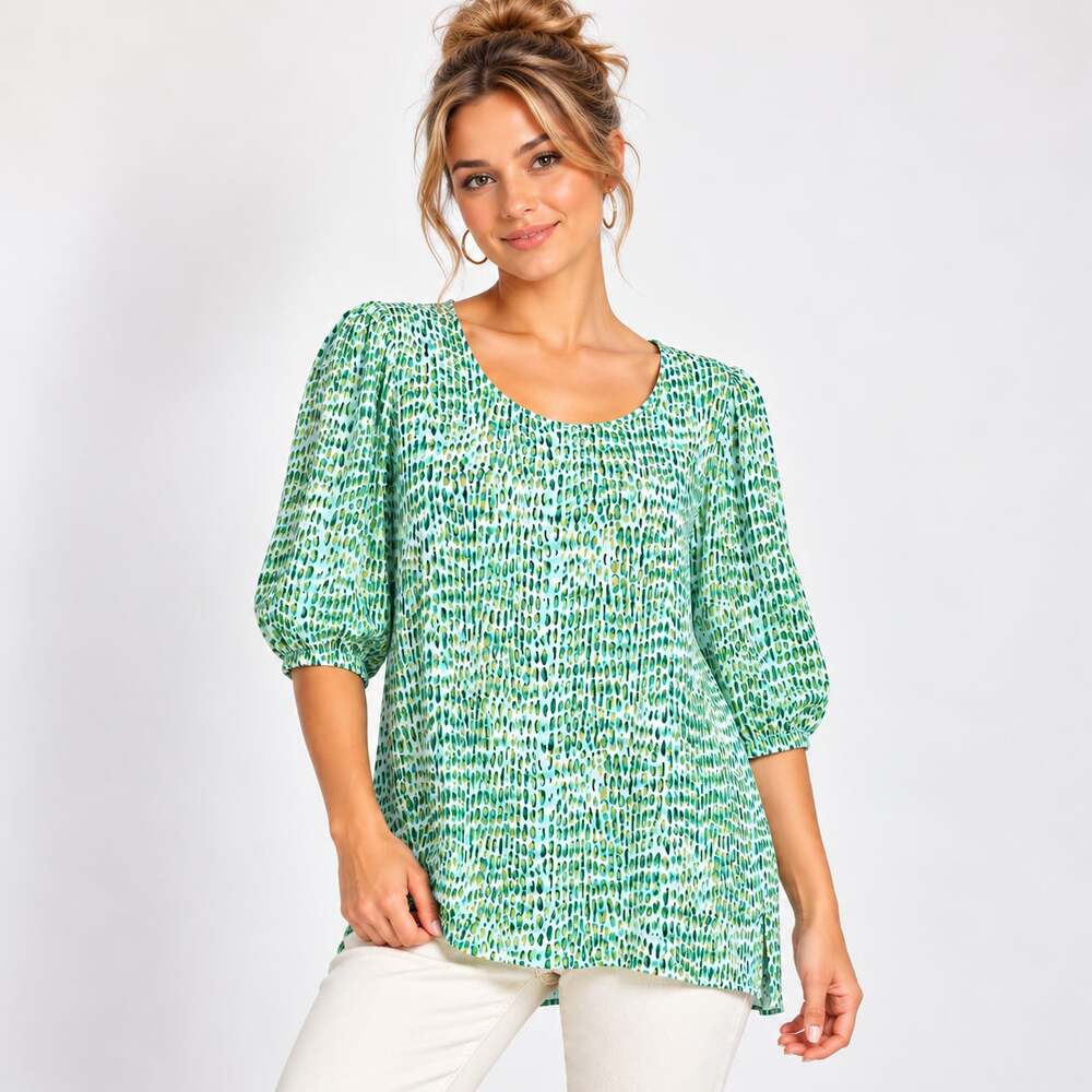 Susan Graver Liquid Knit Blouse Women's Size 2X Green Spreckled Boho Office